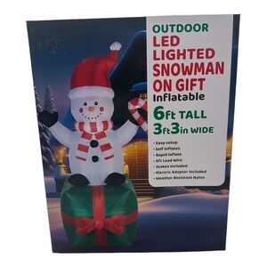 6 FT Christmas Inflatable Snowman on Gift Present Red Santa Hat LED Lighted‎ NEW